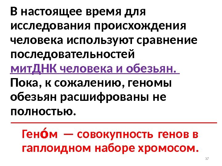 37 В настоящее время для исследования происхождения человека используют сравнение последовательностей мит. ДНК человека