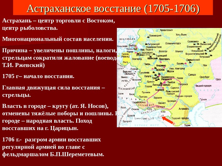 Астраханское восстание (1705 -1706) Астрахань – центр торговли с Востоком,  центр рыболовства. Многонациональный