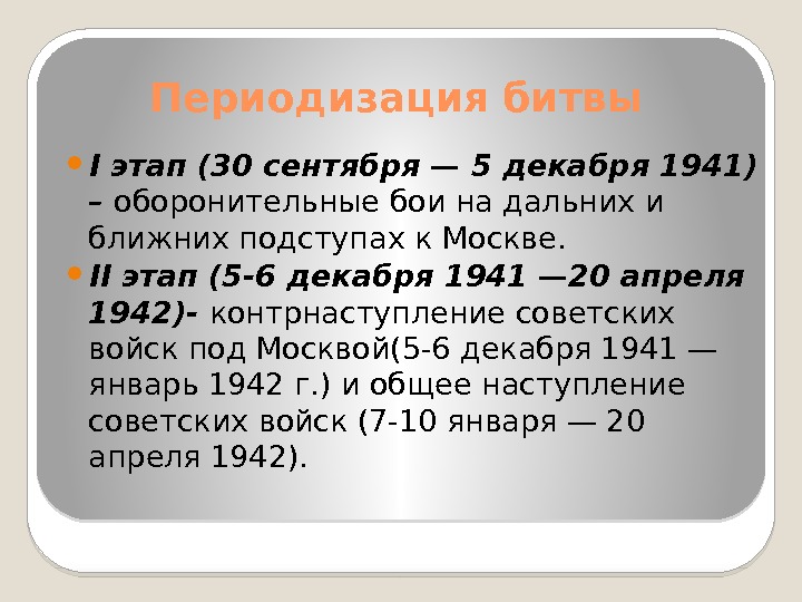 Периодизация битвы I этап (30 сентября — 5 декабря 1941) – оборонительные бои на