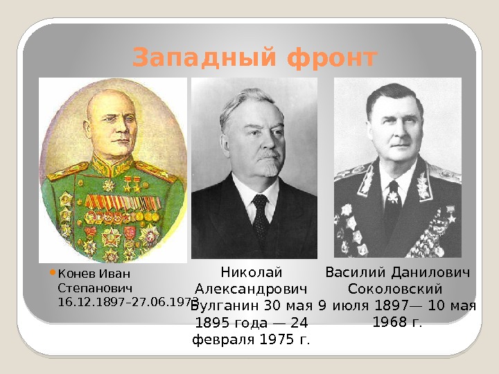 Западный фронт Конев Иван Степанович 16. 12. 1897– 27. 06. 1973 Николай Александрович Булганин