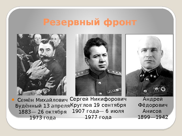 Резервный фронт  Семён Михайлович Будённый 13 апреля 1883— 26 октября 1973 года Сергей