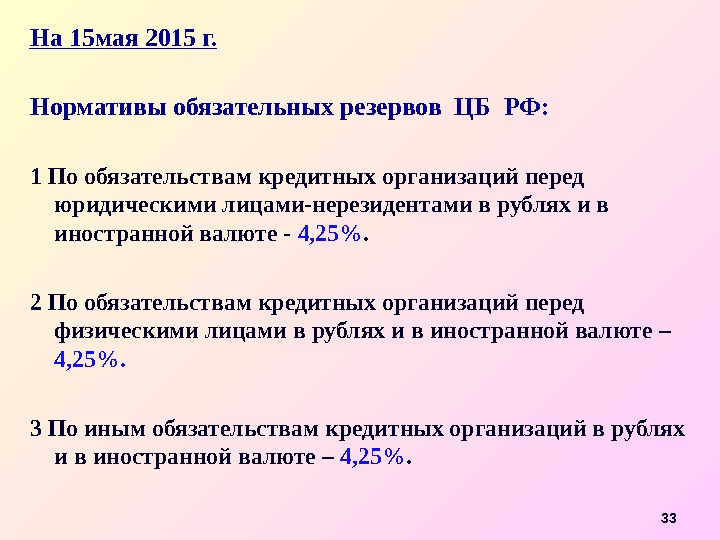 На 1 5 мая 2015  г. Нормативы обязательных резервов ЦБ РФ: 1 По