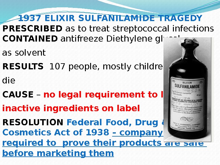 1937 ELIXIR SULFANILAMIDE TRAGEDY PRESCRIBED as to treat streptococcal infections CONTAINED antifreeze Diethylene glycol