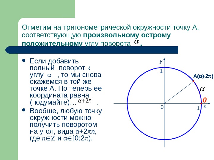 Отметим на тригонометрической окружности точку А,  соответствующую произвольному острому положительному углу поворота 