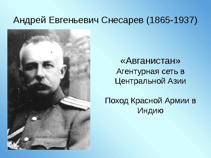 Андрей Евгеньевич Снесарев (1865 -1937) «Авганистан» Агентурная сеть в Центральной Азии Поход Красной Армии
