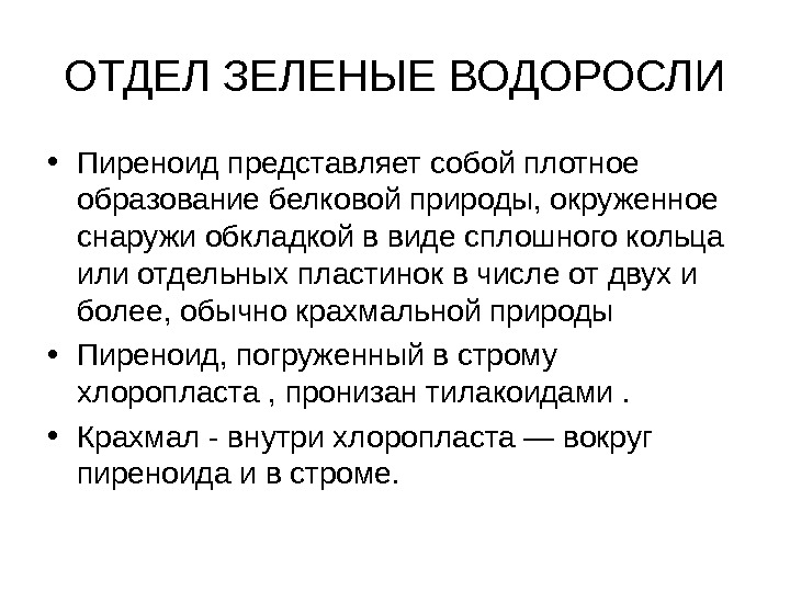 ОТДЕЛ ЗЕЛЕНЫЕ ВОДОРОСЛИ • Пиреноид представляет собой плотное образование белковой природы, окруженное снаружи обкладкой