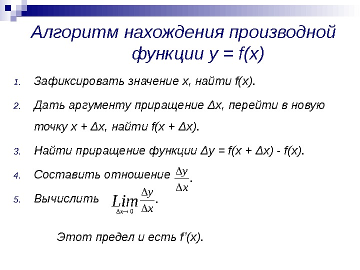 Алгоритм нахождения производной функции у = f(x) 1. Зафиксировать значение х, найти f(x). 2.