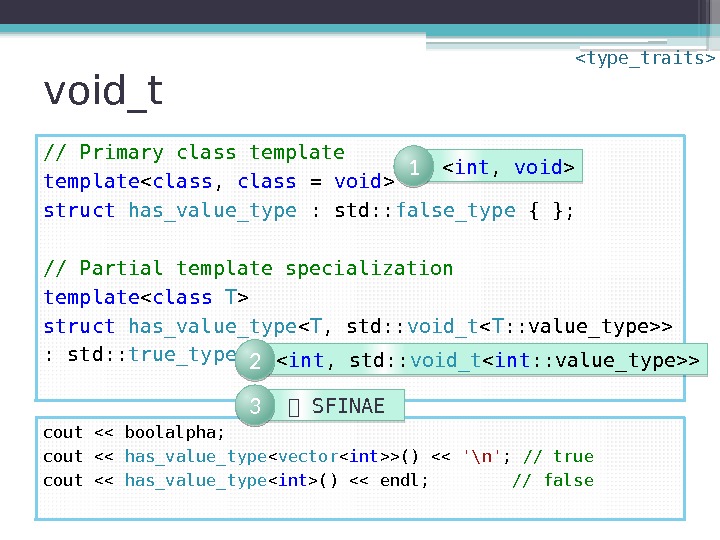 void_t // Primary class template  class ,  class = void  struct