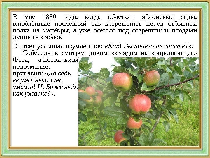 В мае 1850 года,  когда облетали яблоневые сады,  влюблённые последний раз встретились