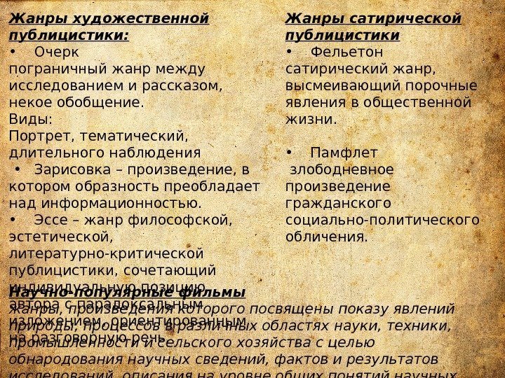 Жанры художественной публицистики:  • Очерк пограничный жанр между исследованием и рассказом,  некое