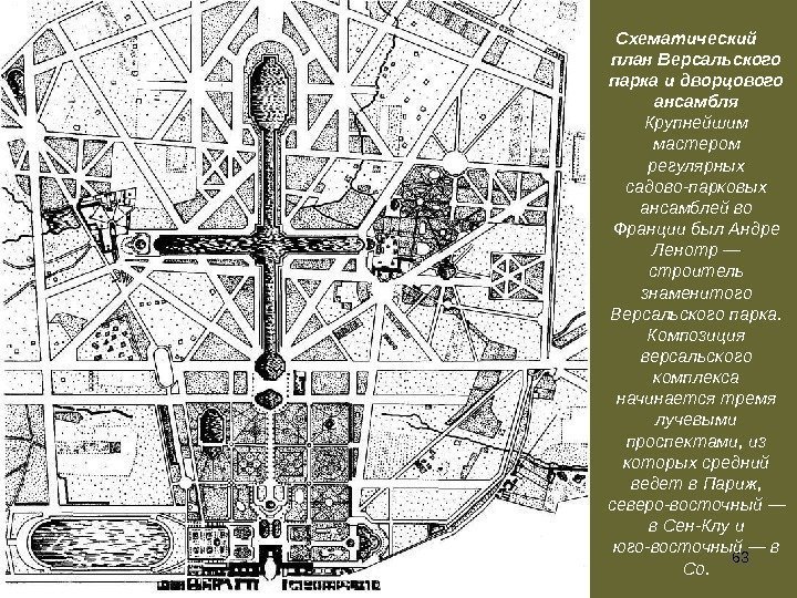 63 Схематический план Версальского парка и дворцового ансамбля Крупнейшим мастером регулярных садово-парковых ансамблей во