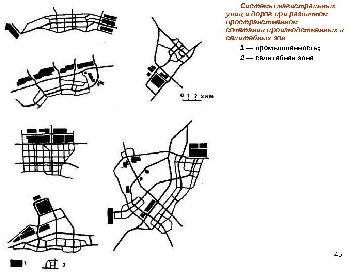45 Системы магистральных улиц и дорог при различном пространственном сочетании производственных и селитебных зон