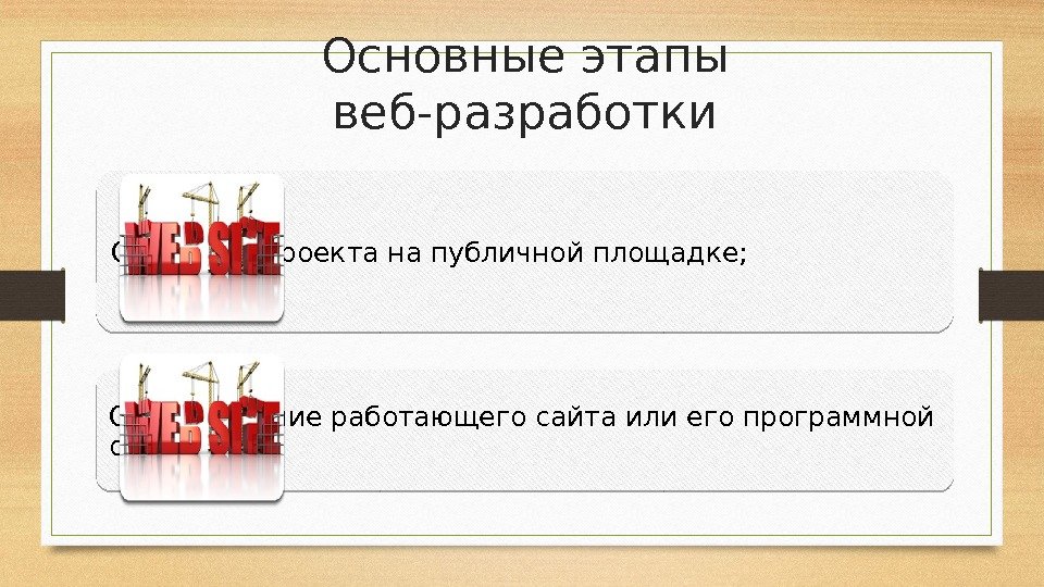 Основные этапы веб-разработки Открытие проекта на публичной площадке; Обслуживание работающего сайта или его программной