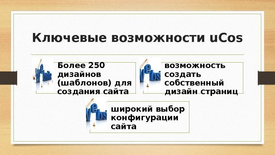 Ключевые возможности u. Cos Более 250 дизайнов (шаблонов) для создания сайта возможность создать собственный