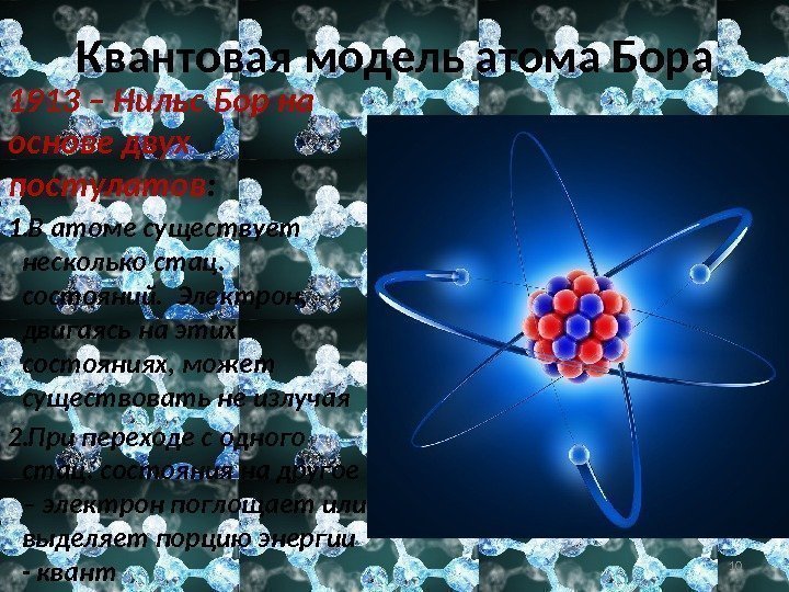 Квантовая модель атома Бора 1913 – Нильс Бор на основе двух постулатов : 1.