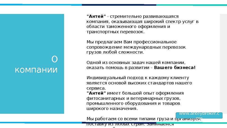 О компании Антей - стремительно развивающаяся компания, оказывающая широкий спектр услуг в области таможенного