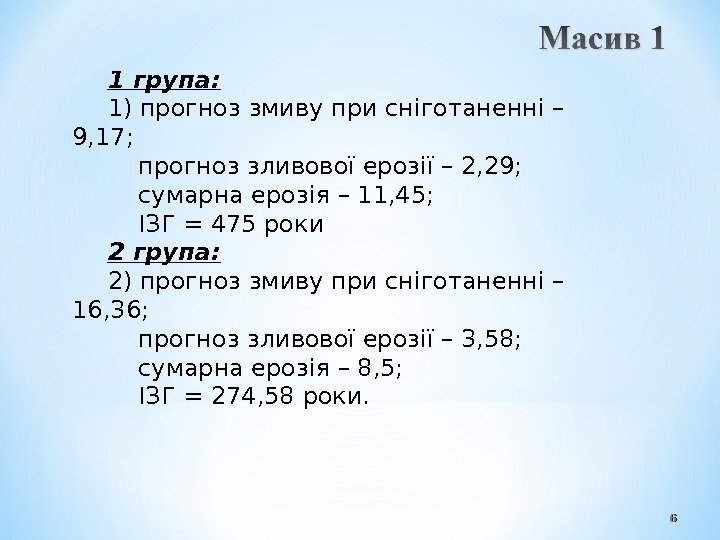 661 група: 1) прогноз змиву при сніготаненні – 9, 17;  прогноз зливової ерозії