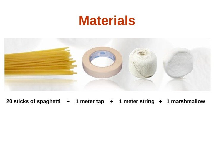 Materials 20 sticks of spaghetti  +  1 meter tap  + 