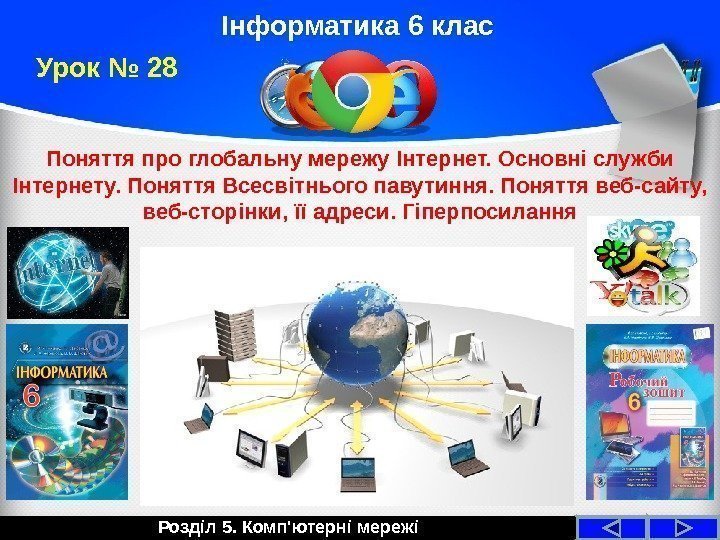 Інформатика 6 клас Поняття про глобальну мережу Інтернет. Основні служби Інтернету. Поняття Всесвітнього павутиння.