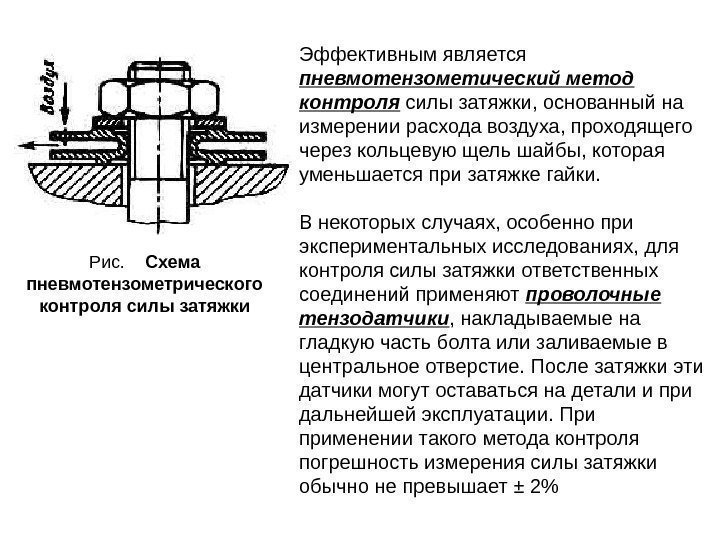 Рис. Схема пневмотензометрического контроля силы затяжки Эффективным является пневмотензометический метод контроля силы затяжки, основанный